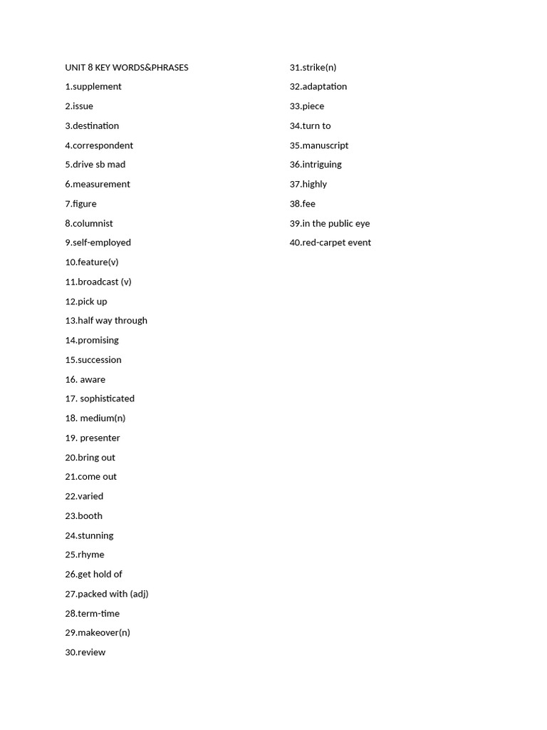 Unit 8 Key Words | PDF
