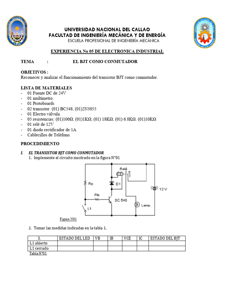 Lab05 Eo I BJT Conmutador | PDF | Transistor de unión bipolar | Transistor