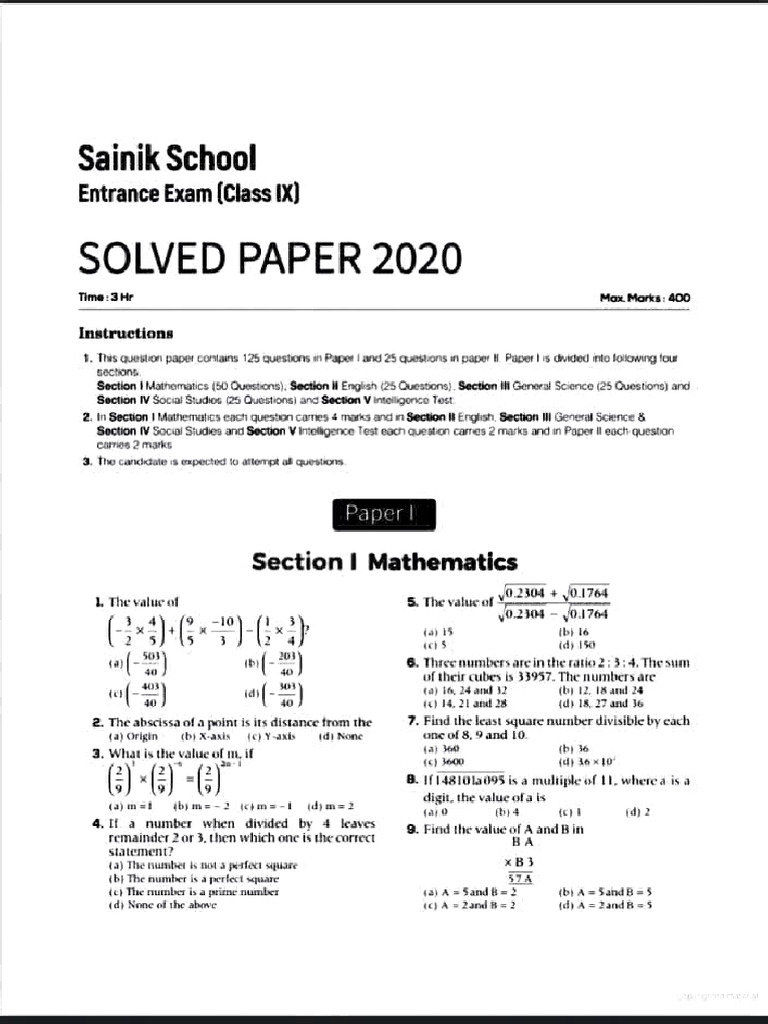 Sanik School Class 9 | PDF