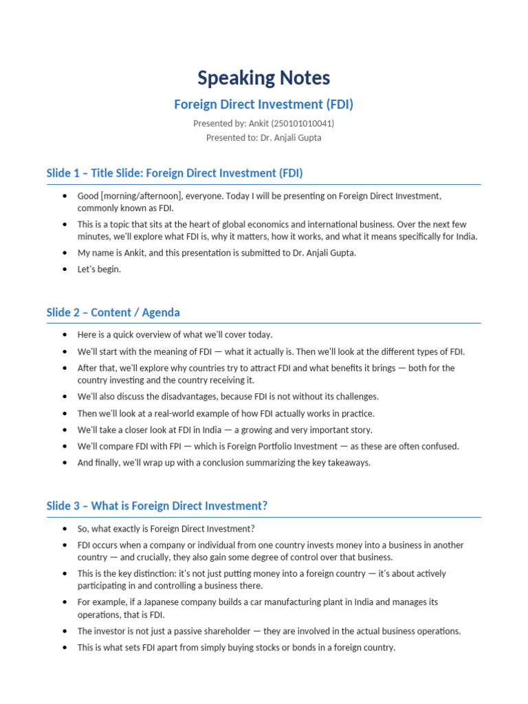 FDI Speaking Notes | PDF | Foreign Direct Investment | Investing