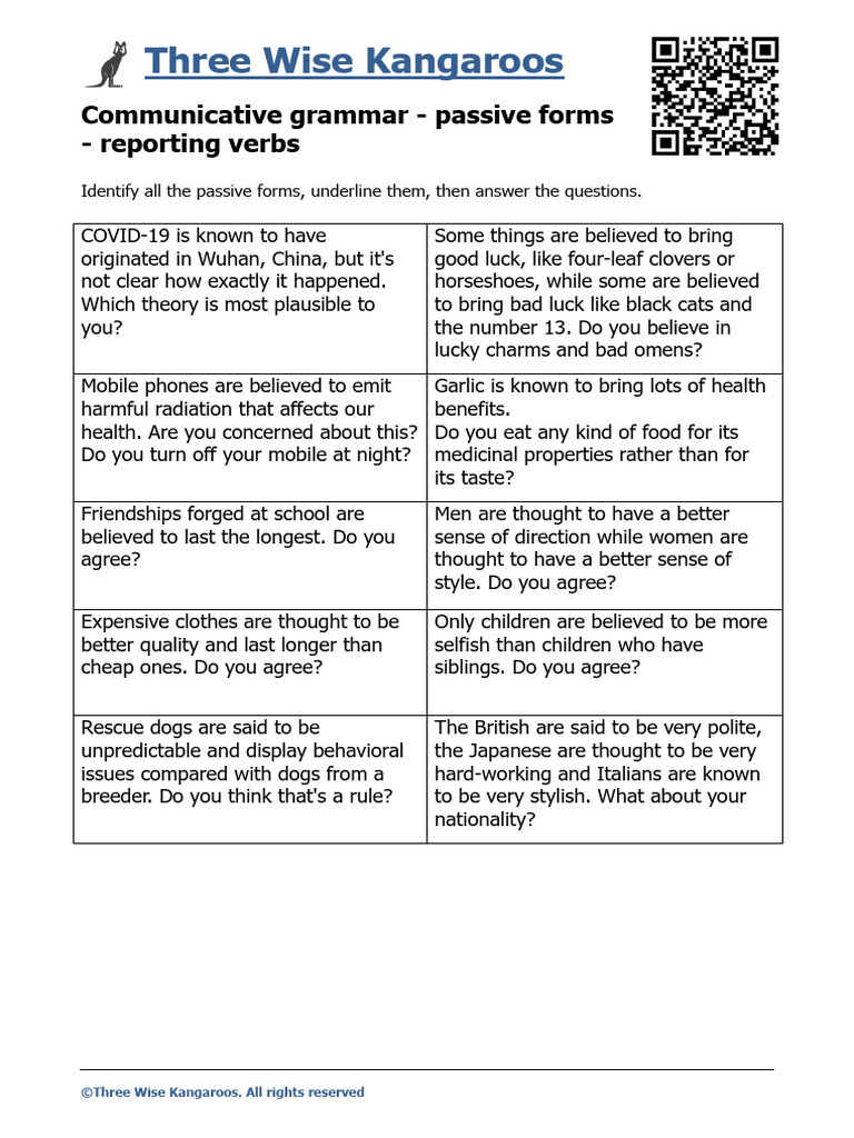 Communicative Grammar Passive Forms Reporting Verbs Doc | PDF