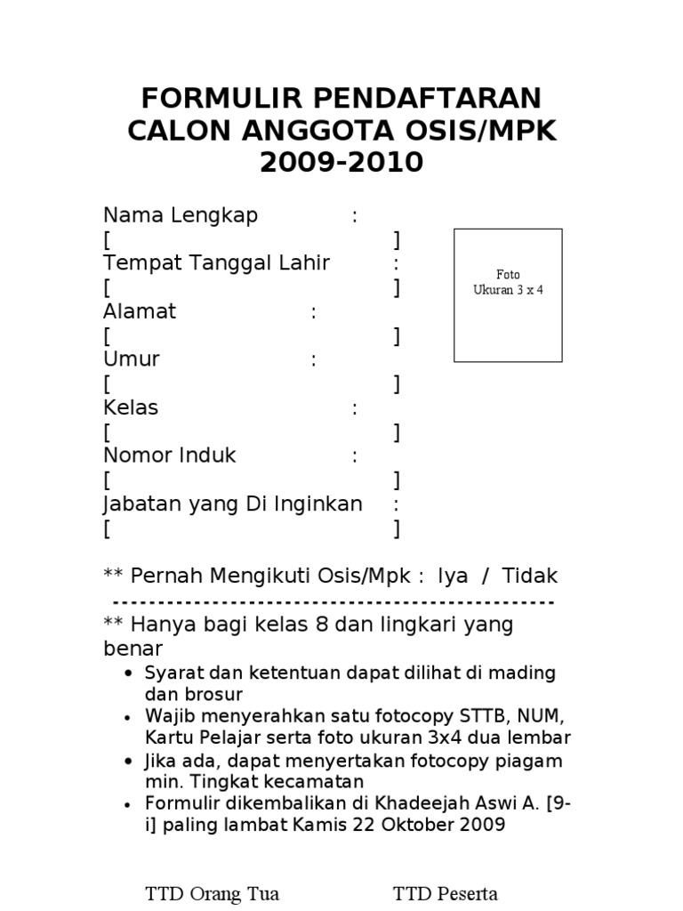 Formulir Pendaftaran Calon Anggota Osis