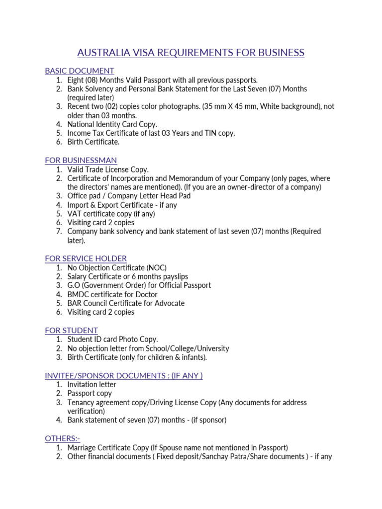 Australian Visa Checklist Business | PDF