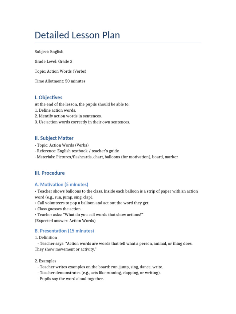 Lesson Plan Action Words | PDF | Subject (Grammar) | Teachers