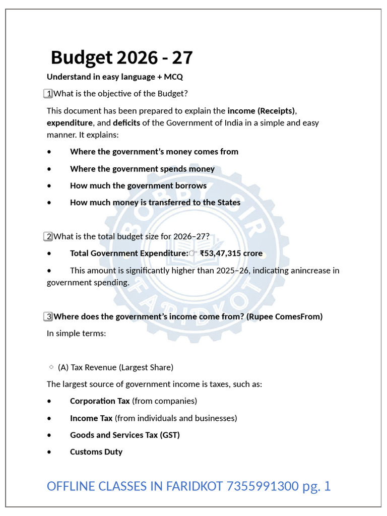 Budget 2026-27 Important MCQ | PDF | Government Budget Balance | Taxes