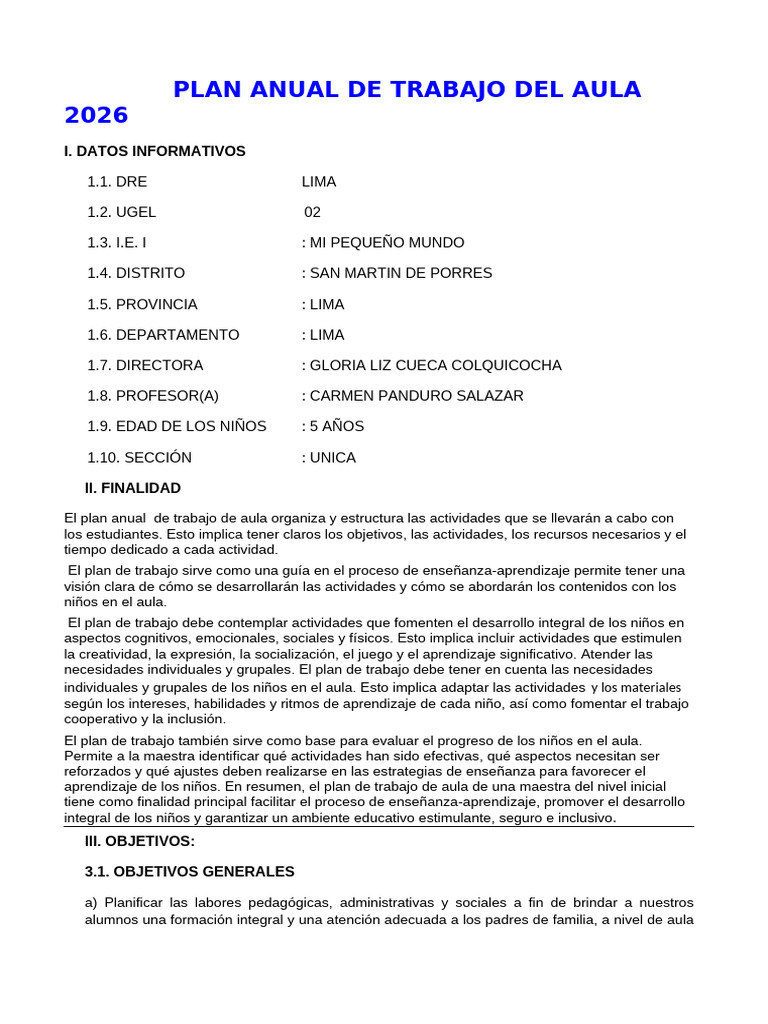 Plan Anual de Trabajo Del Aula 2024 | PDF | Aprendizaje | Salón de clases