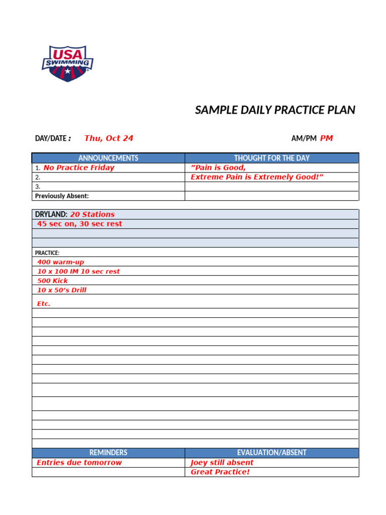 Sample 5 0 Daily Practice Plan Example | PDF