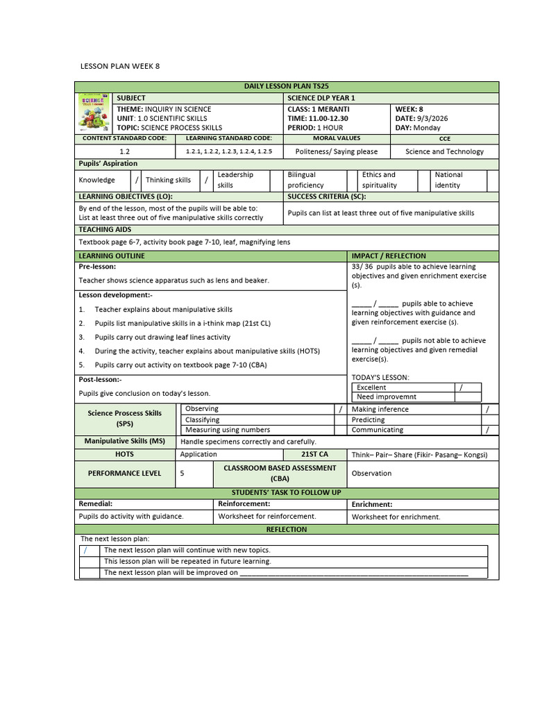 Lesson Plan Week 8 | PDF | Vocabulary | Teachers