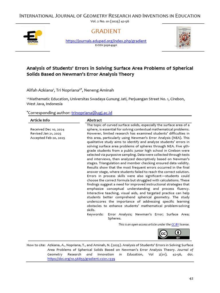 Analysis of Students' Errors in Solving Surface Area Problems of ...