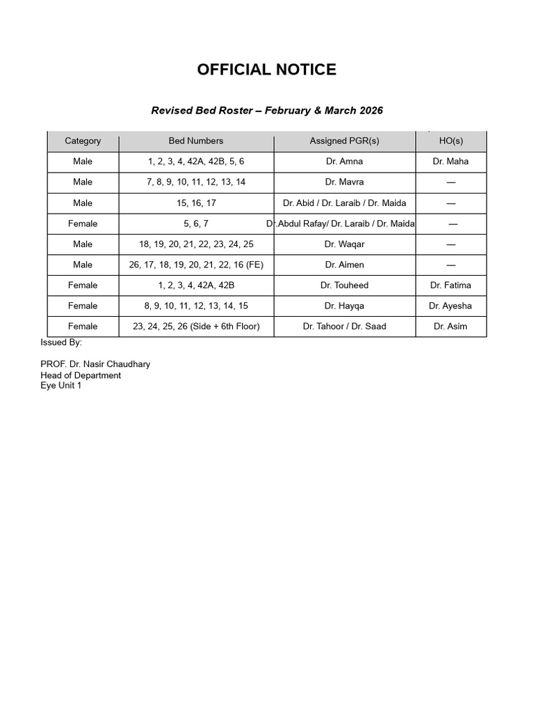 Bed Roster Feb and March 2026 Eye Unit 1 | PDF