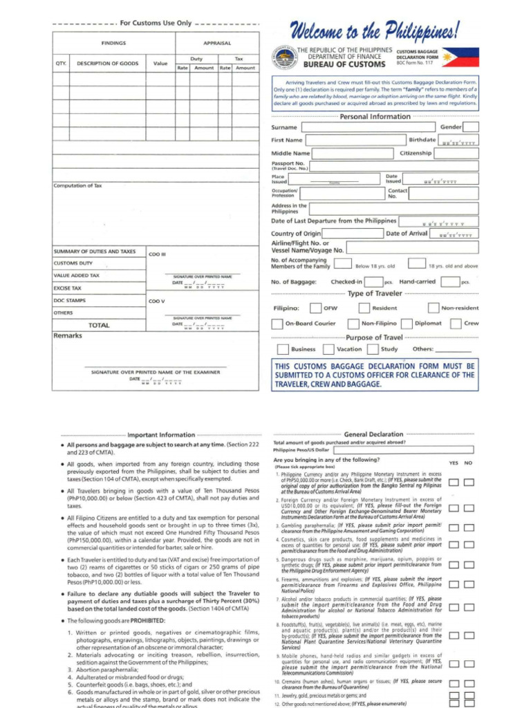 Customs Baggage Declaration Form Philippines | PDF