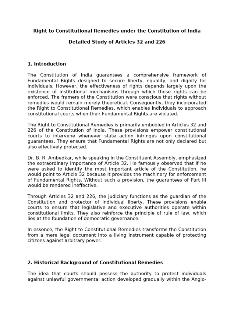Right to Constitutional Remedies under the Constitution of India | PDF ...
