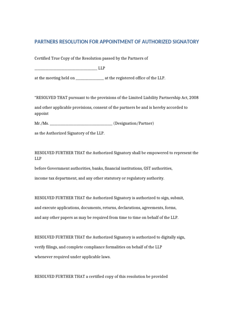 LLP Authorized Signatory Resolution | PDF