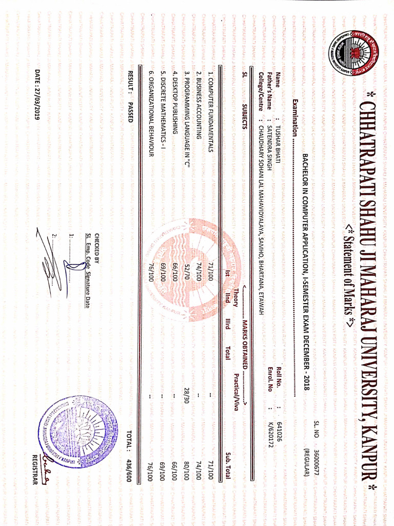 Tushar Bhati BCA Marksheet | PDF