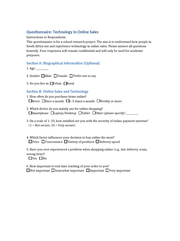Online Sales Technology Questionnaire Soluation | PDF