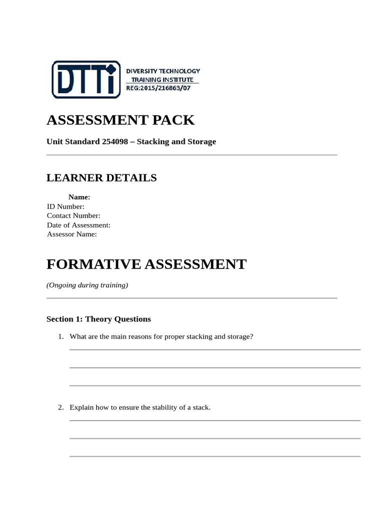 Stacking and Storage Assessment Pack | PDF | Pallet | Forklift