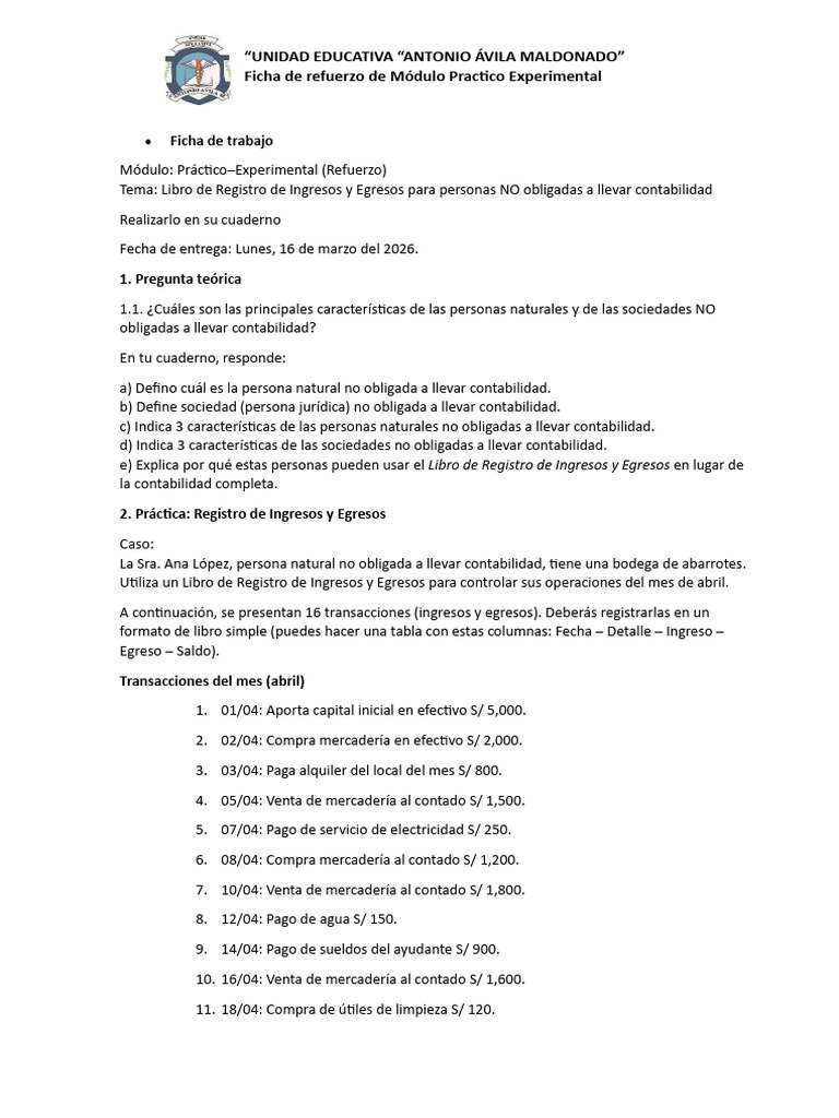Ficha de Refuerzo de Módulo Practico Experimental. | PDF | Contabilidad