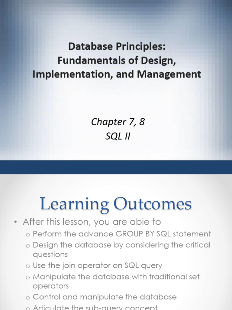 Lecture 5 - SQL II - Ch7&8 | PDF | Databases | Sql