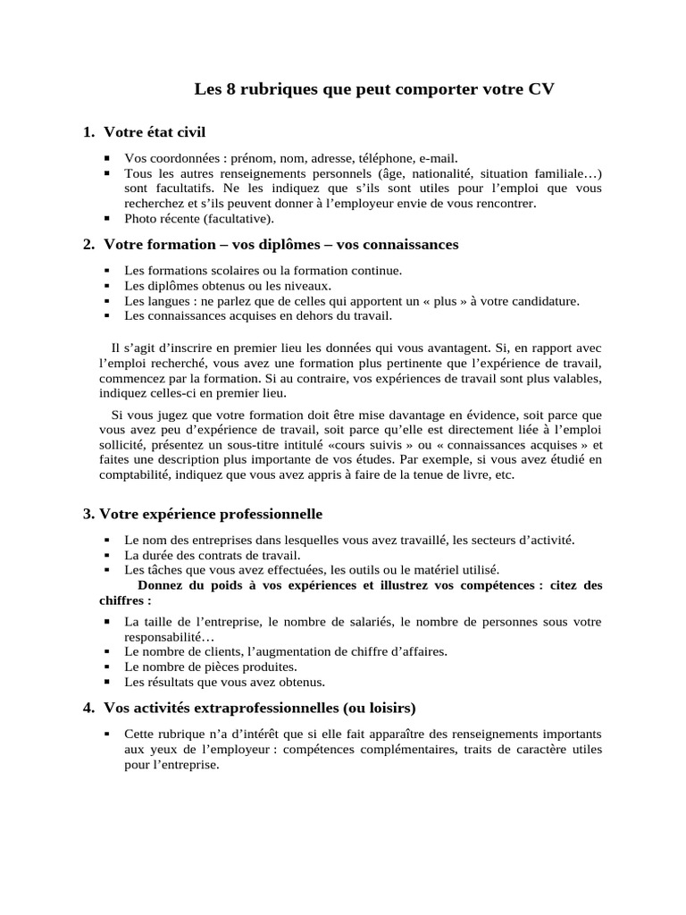 Les 8 Rubriques Que Peut Comporter Votre CV | PDF
