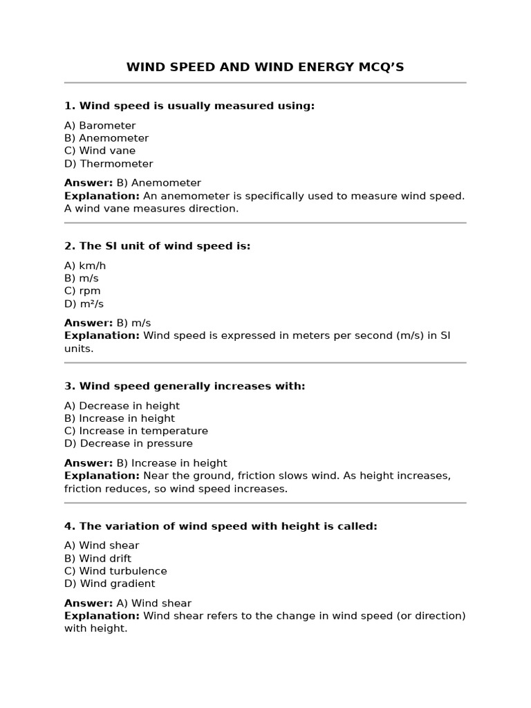 Wind Speed and Wind Energy MCQ | PDF | Wind Turbine | Wind Power