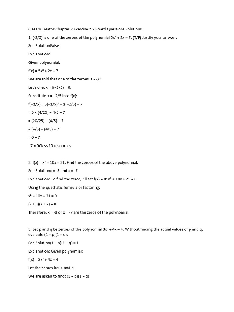 Class 10 Maths Chapter 2 Exercise 2 | PDF