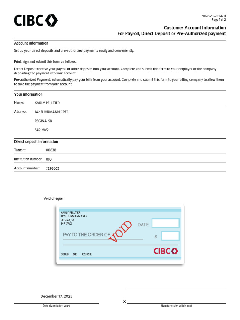 Direct Deposit Form | PDF | Payments | Cheque