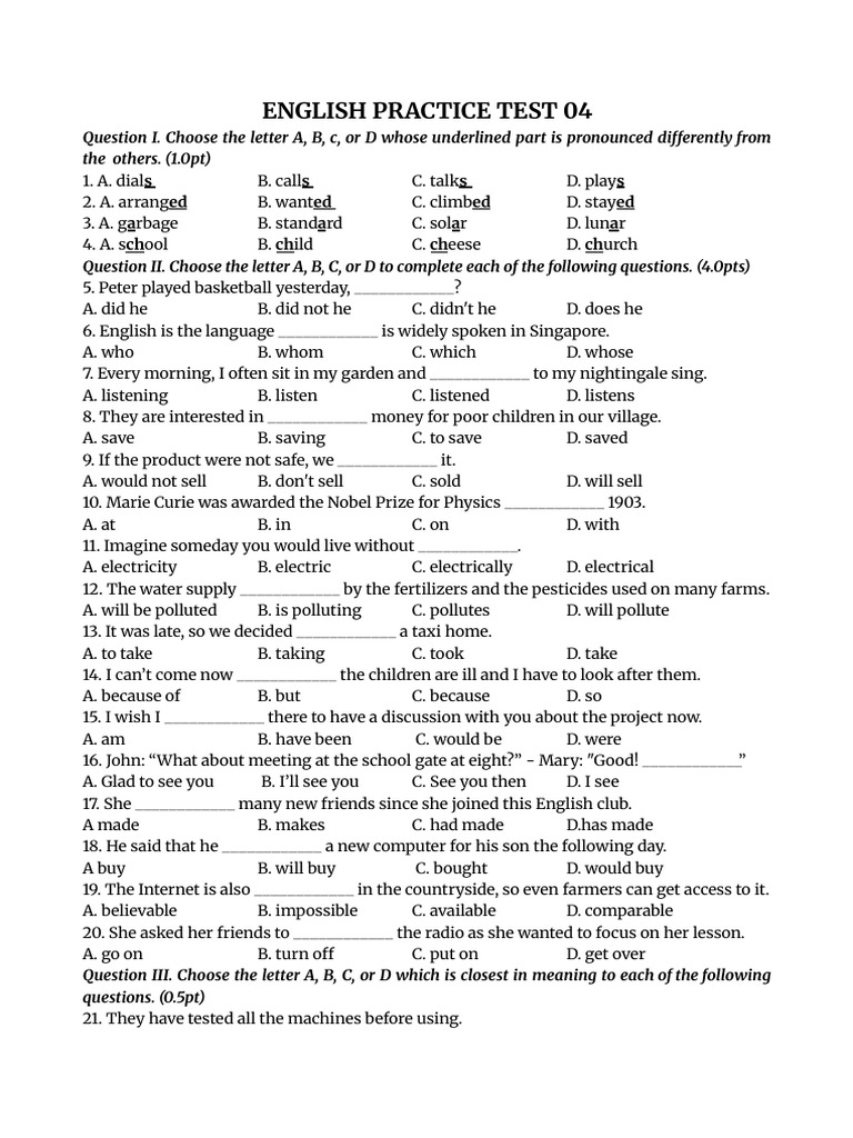 English Practice Test 04 | PDF | Foods | Cuisine