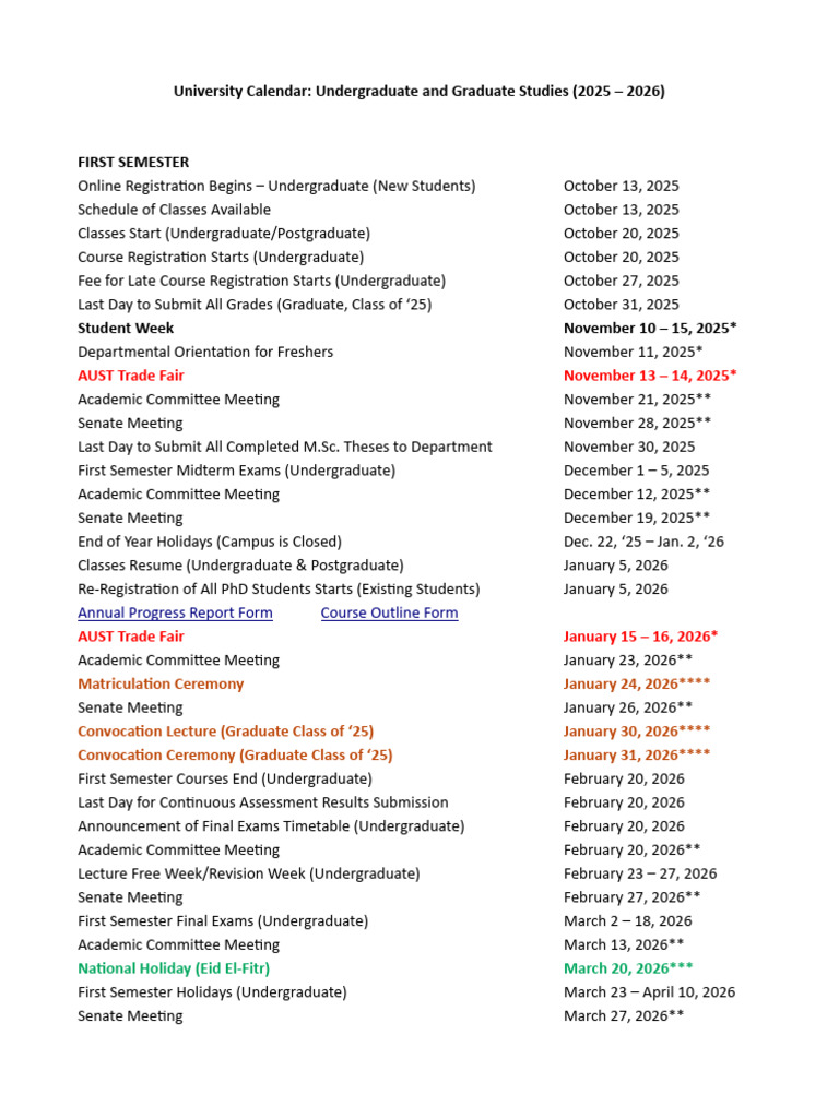 University Calendar - Undergraduate & Graduate Studies (2025 - 2026 ...