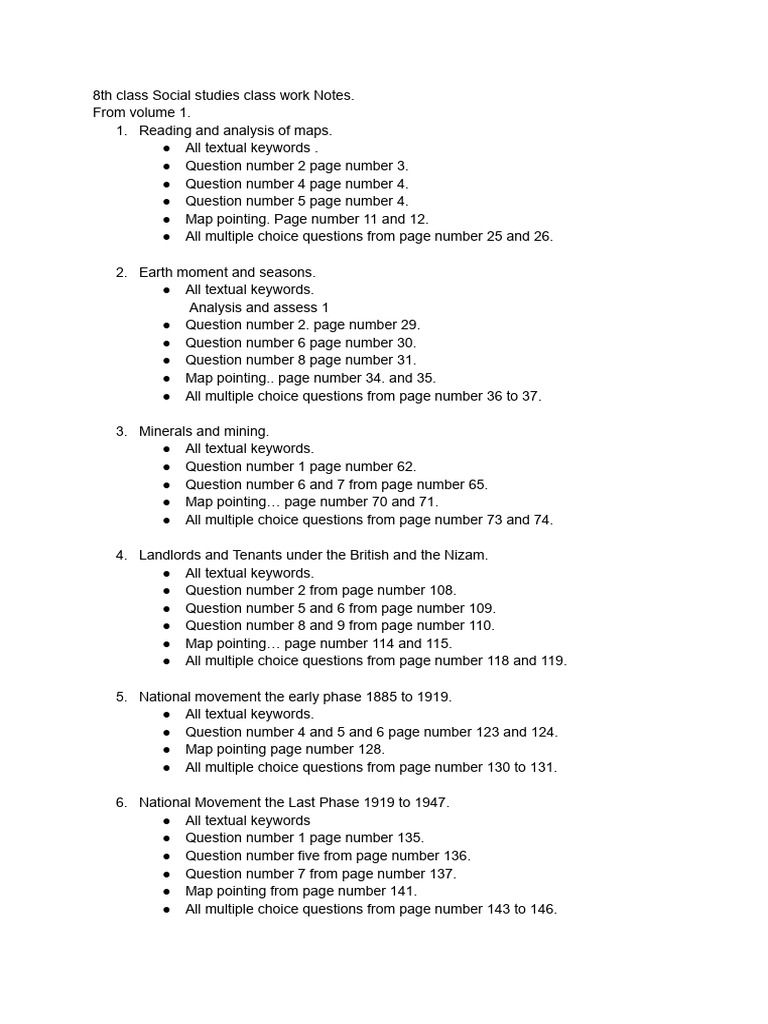 8th Class Social Studies Class Work Notes | PDF