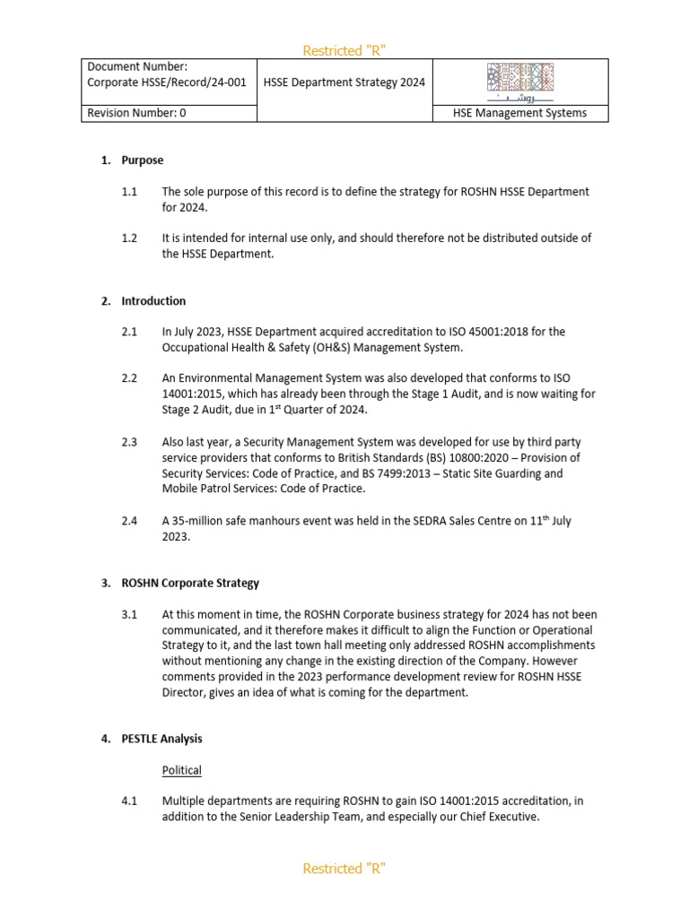 HSSE Strategy Plan 2024 | PDF | Project Management | Business