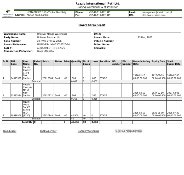 Wms InwardCargo Report InwardCargo 2026-03-13T125100.926 | PDF ...