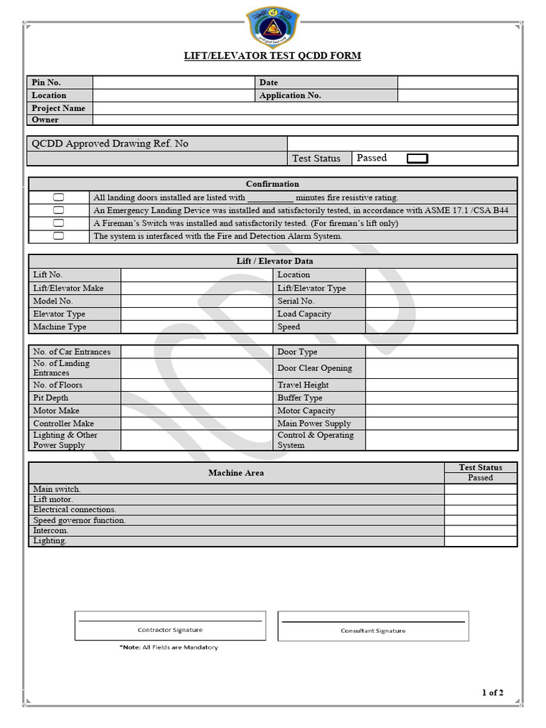 Lift Elevator Test QCDD Form | PDF