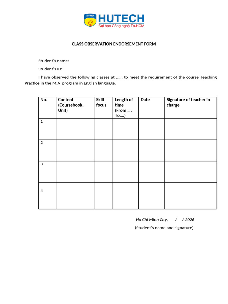 Class Observation Endorsement Form | PDF