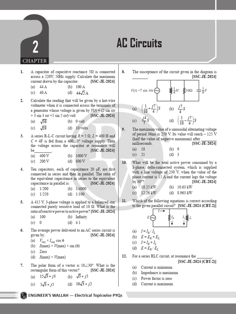 SSC JE Electrical Engineering PYQ | PDF | Electrical Impedance | Series ...