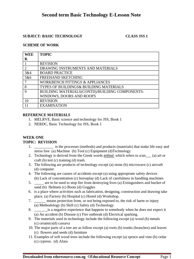 Basic Technology Year 7 Second Term Lesson Note JSS 1 Basic Science and ...