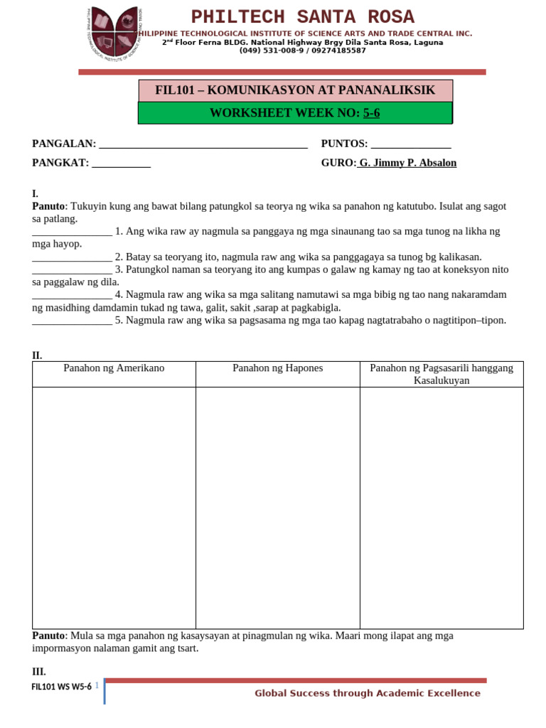 Fil101 Worksheet w5-6 | PDF