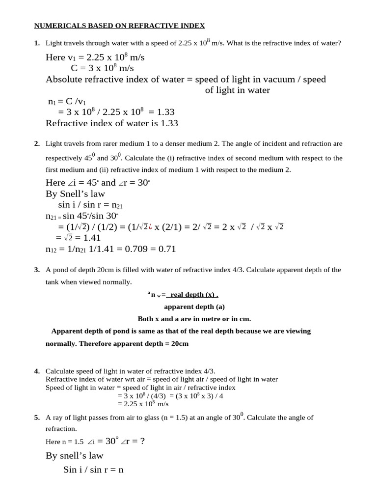 NUMERICALS Based On Light Refraction | PDF | Optics | Light