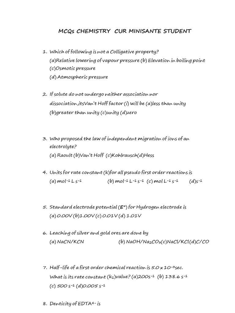 CHEMISTRY MCQA MINISANTE STUDENT CUR | PDF