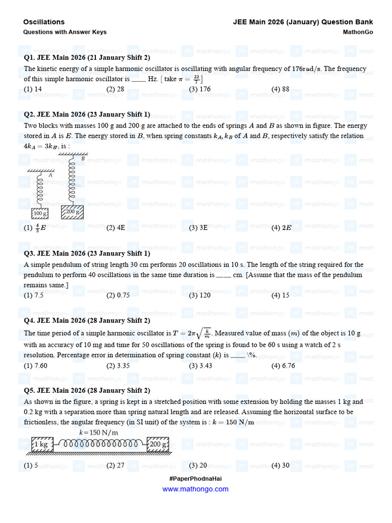 Oscillations - JEE Main 2026 (Jan) - MathonGo | PDF | Oscillation ...