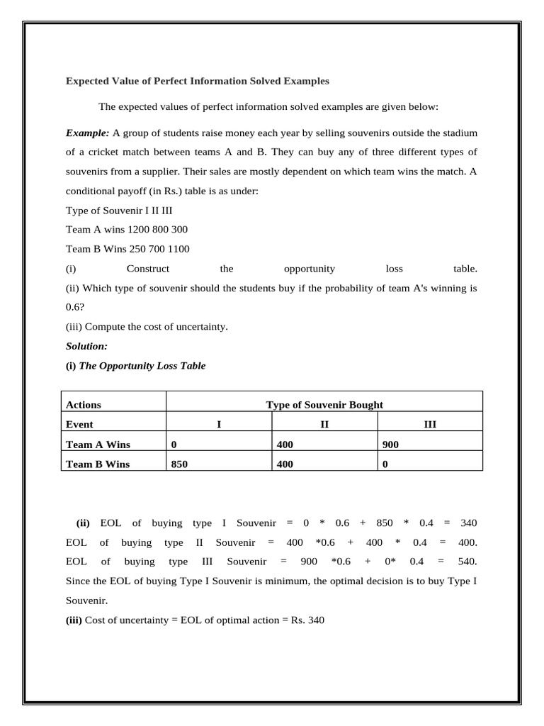 Expected Value of Perfect Information Solved Examples | PDF