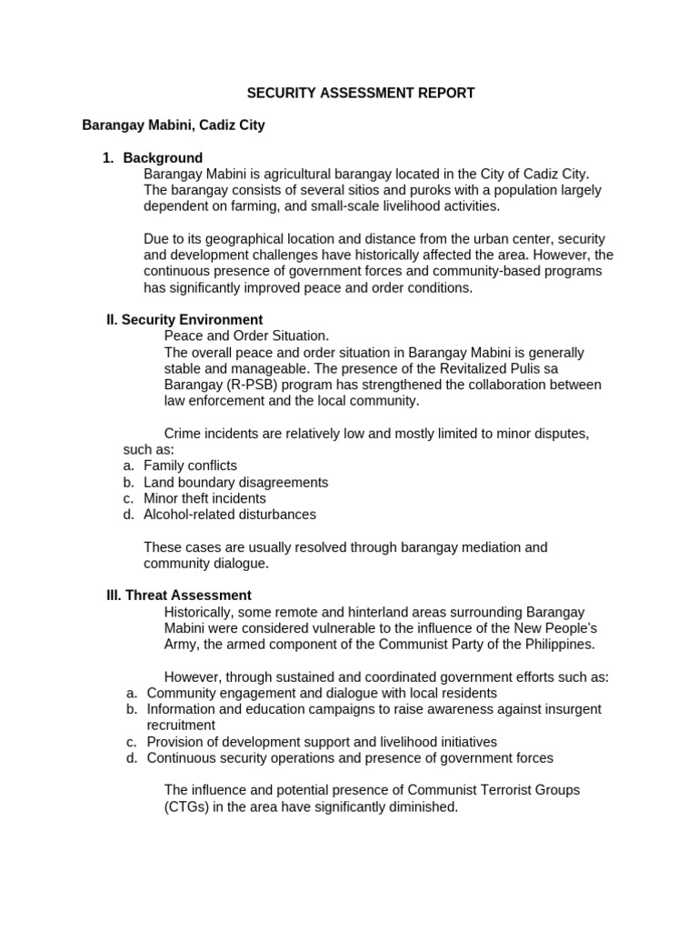Security Assessment Report Brgy Mabini | PDF | Psychological Resilience