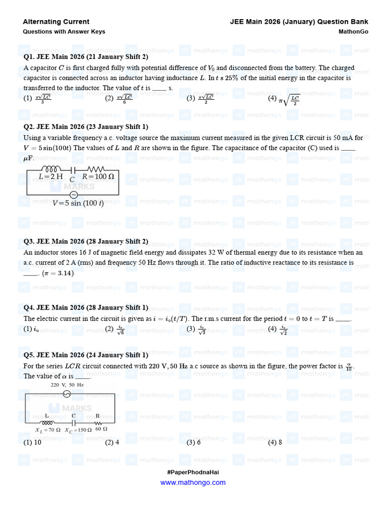 Alternating Current - JEE Main 2026 (Jan) - MathonGo | PDF | Inductor ...