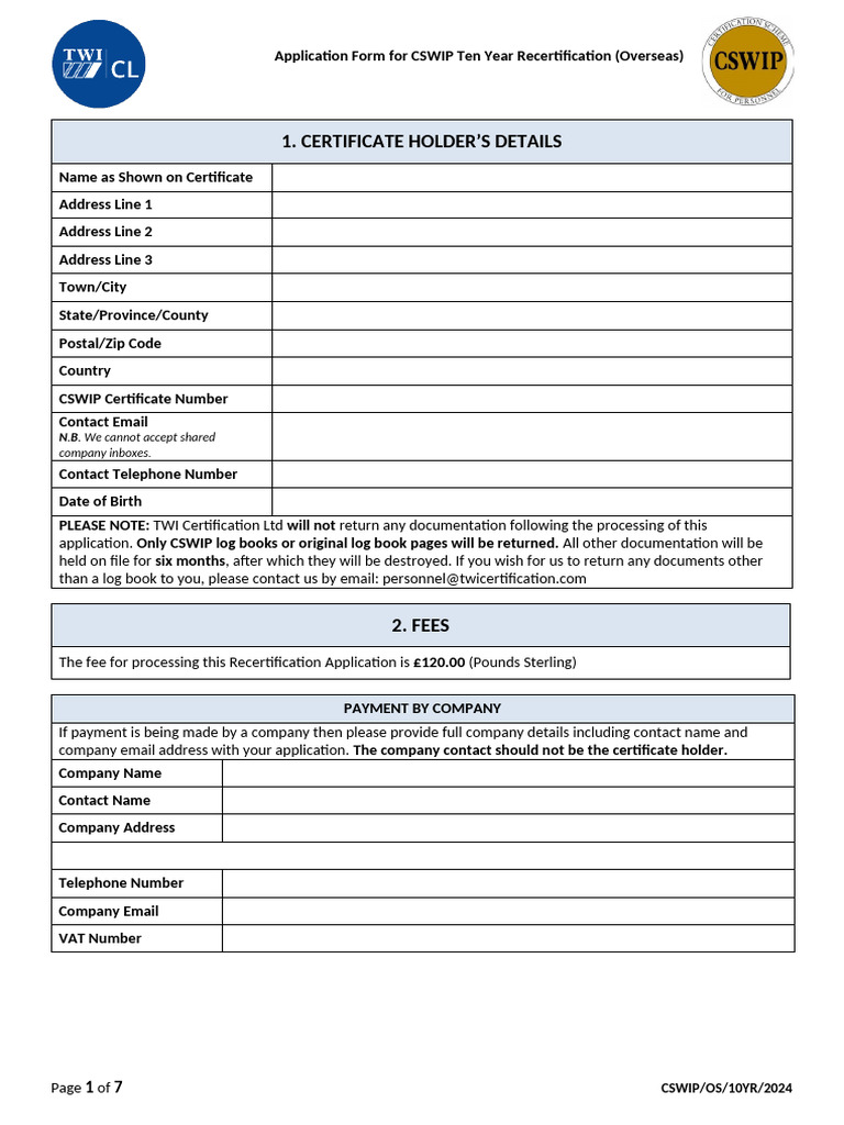 Application Form for CSWIP 10 Year Recertification (Overseas)_v5 | PDF ...