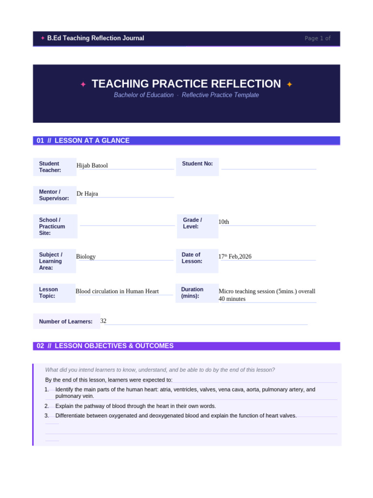 Teaching Reflection Template-B.ed | PDF | Heart | Learning