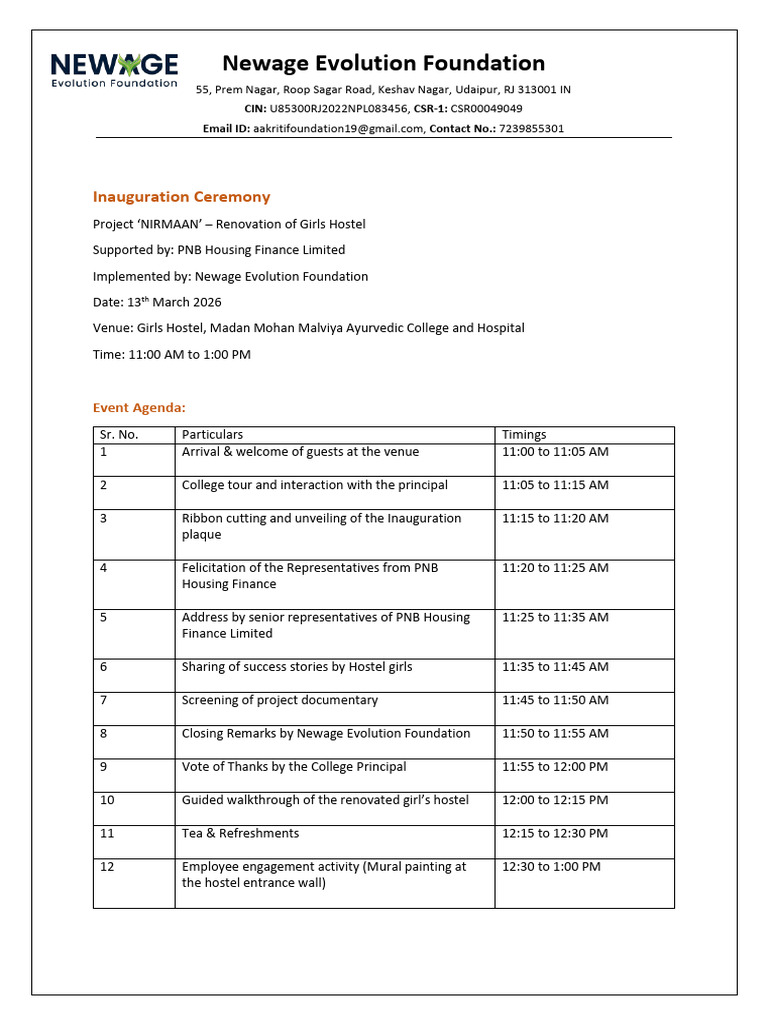 Inauguration Ceremony_Agenda_CSR Project Nirmaan | PDF
