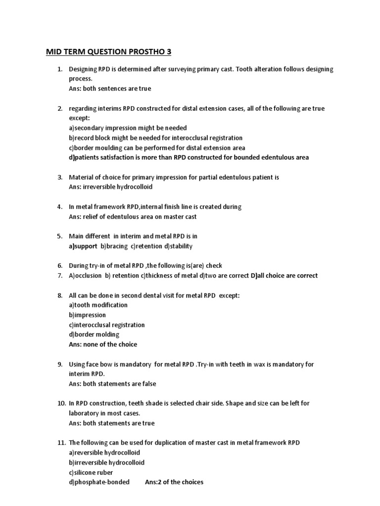 Midterm Exam: RPD Prosthodontics Concepts | PDF | Science & Mathematics ...