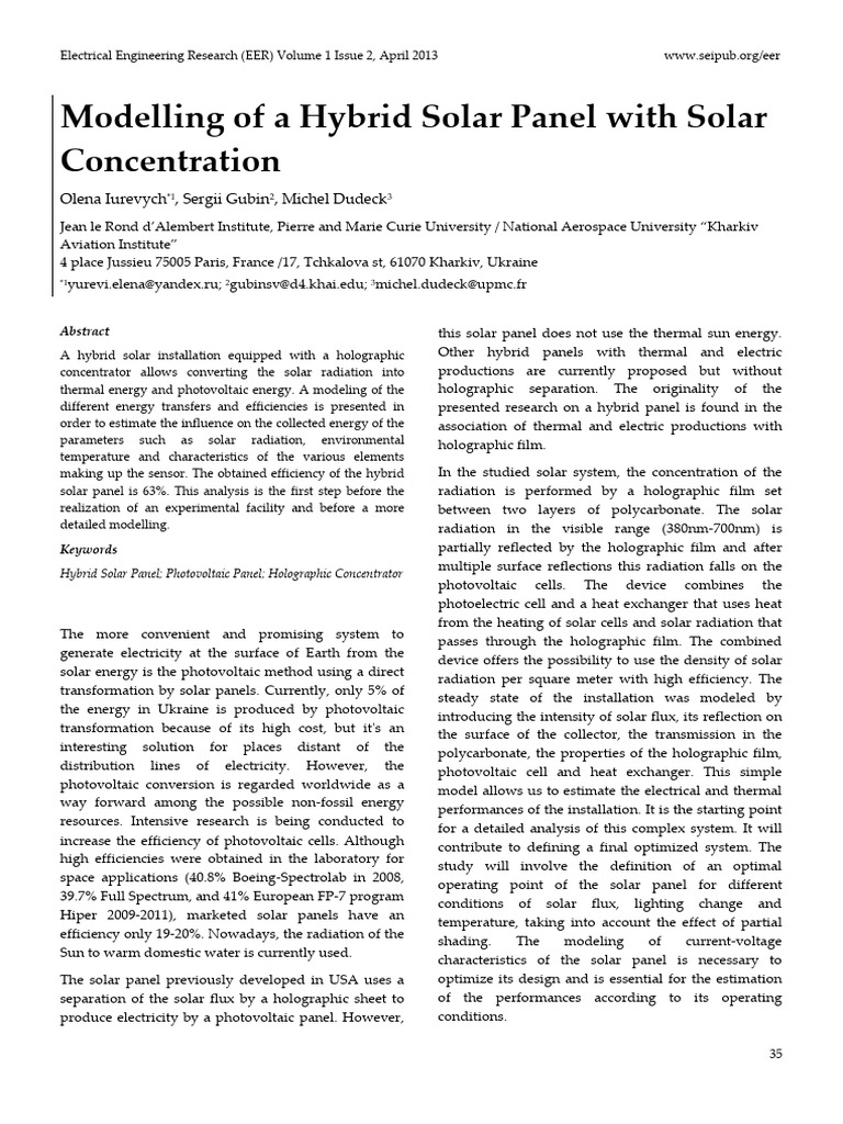 Modelling of A Hybrid Solar Panel With Solar Concentration | PDF ...