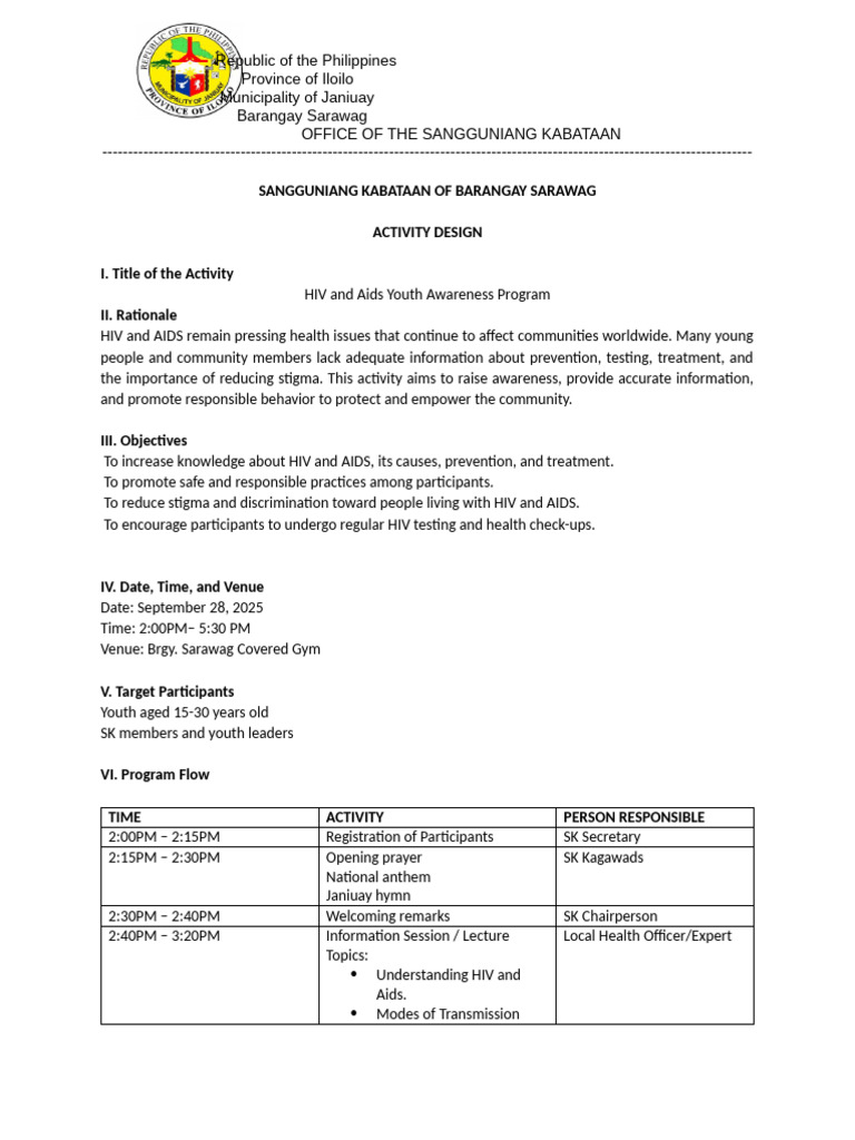 Activity Design Hiv and Awareness Program | PDF | Hiv/Aids | Lentiviruses