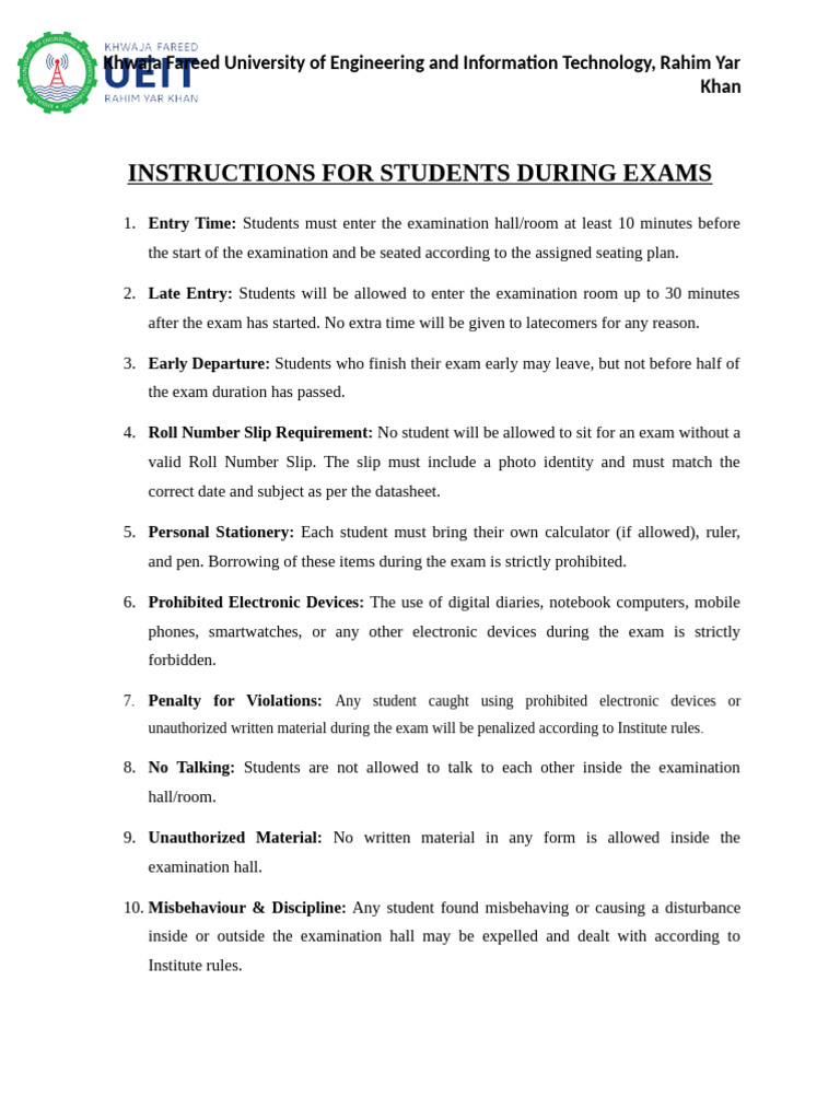 Instructions For Students During Exams | PDF