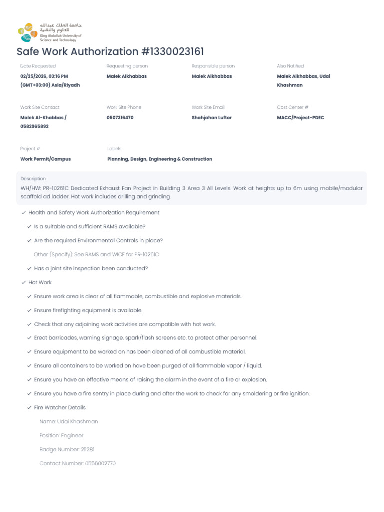 Safe Work Authorization #1330023161 Report 02-25-2026 | PDF | Safety ...